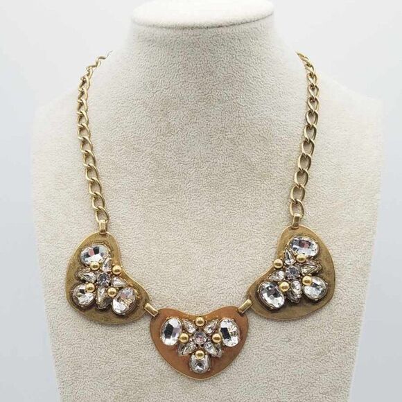 J Crew Brass and Clear Crystal Heart Shape Statement Necklace - Picture 1 of 9